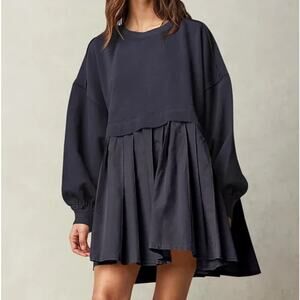 Oversized Cotton Blend Crewneck Pleated Skirt Sweatshirt Mini Dress NWT Size L
